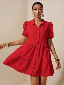 Zivah 2025新款度假卡其色荷叶边灯笼袖宽松连衣裙，夏季，太阳裙，纹理面料材质 - 紅色 - 查看 6