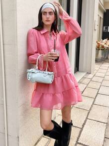 Chiquease 2-in-1 Hemd/Langarmkleid, vorne plissiert, Hemdkragen, bestickter Ärmel Manschetten Dekor, einfarbiges Bürokleid - Heißes Pink - Übersicht 6