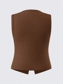 SHEIN BASICS 大码纯色针织修身背心 - 棕色 - 查看 2