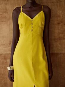 Lumivelle 女式纯色纽扣设计开衩下摆夏季亚麻优雅吊带裙 - 芥末黃 - 查看 8