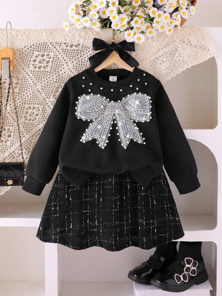 Girls' Stylish Black Plaid Co-Ord With Rhinestone Detail And Round Neck Black Dress For Dresses Black Black 2 Pieces Set Black Bow Dress Young Girl Black Outfit Fall Winter - Black - View 2