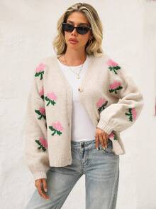 Vivid Eden Lässiger Damen-Cardigan mit Blumenmuster, Vorderknopf, heruntergelassene Schulter, Button-Up-Strickjacke, Blumen-Cardigan, Button-Up-Cardigan, Herbst-Damenkleidung