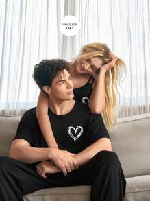 SHEIN 柔软亲肤心形印花男士睡衣套装 - 黑色 - 查看 4