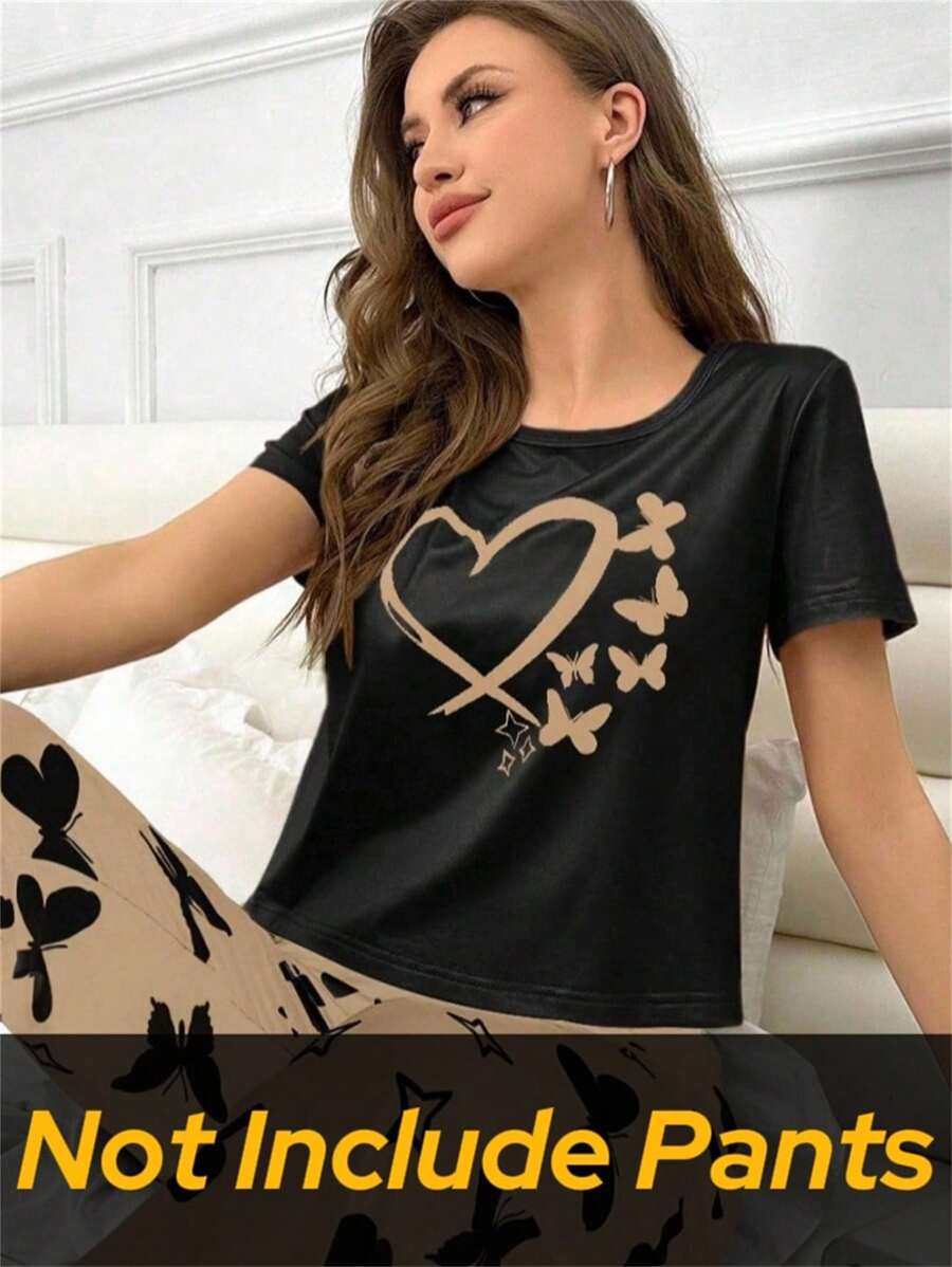 SHEIN 1件女士休闲短袖蝴蝶和心形印花睡衣上衣 - 黑色 - 查看 1