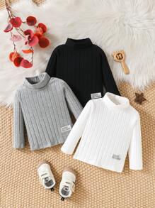 SHEIN 3件套幼儿立领罗纹长袖上衣，黑色、白色、灰色，适合春秋季休闲装、外出、旅行、聚会 - 彩色 - 查看 1