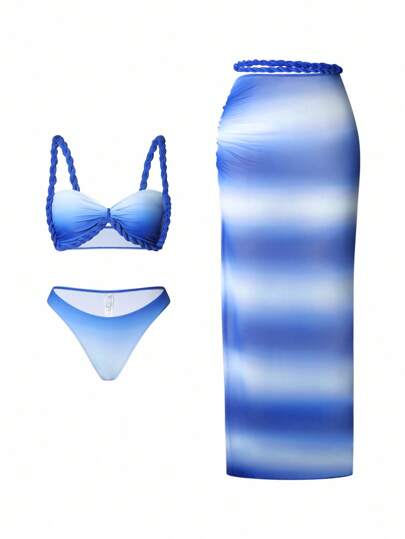 Swim Oasis Conjunto de 3 piezas de traje de baño para mujer con parte superior bandeau y falda acanalada de cintura alta con degradado de color tie-dye, ideal para el verano y resorts
