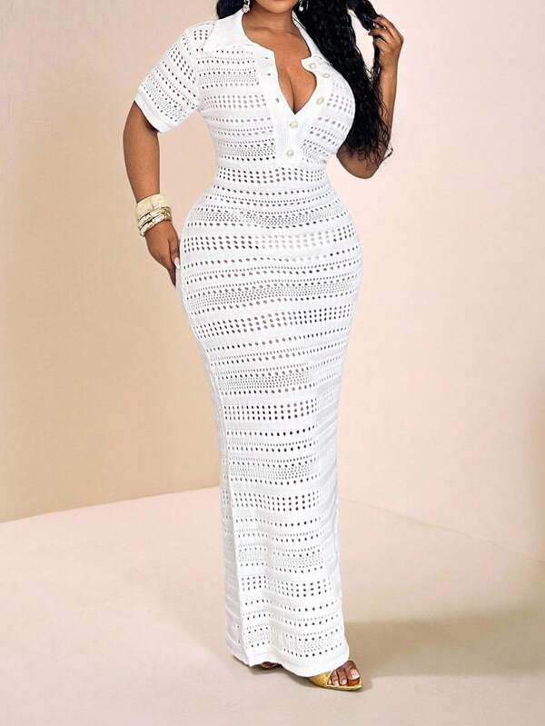 Slaydiva Versatile All-Match Simple Casual Elegant Romantic Short Sleeve Fitted Plus Size Sweater Dress White Crochet Dress Curve White Dresses Plus Size White Dress Crochet Maxi Dress White Summer Dress/All White Night Out/Going Out Airport  Punk Old Money Back To School  Fall Women Clothes  Autumn 