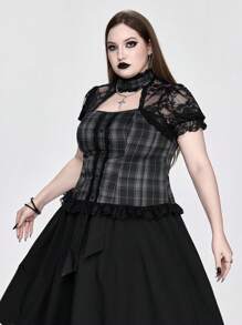 ROMWE Goth 大码女式格子衬衫，蕾丝边下摆，泡泡袖，学院风 - 黑色 - 查看 4
