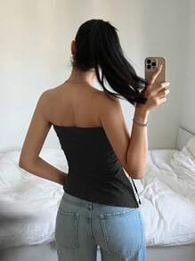 SHEIN EZwear Top tubo con volantes y abertura en el bajo, color negro sólido - Casual de uso diario para mujer