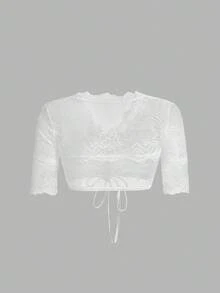 SHEIN Frenchy 2025 新款德国纯色蕾丝透明 Dirndl 女士上衣，女士优雅纯色蕾丝抽绳短款上衣镂空蕾丝衬衫，传统夏装衬衫，适合啤酒节，啤酒节服装，白色衬衫，优雅衬衫散发传统魅力蕾丝白色短款上衣挤奶女工上衣牛仔女牛仔上衣白色西部上衣，Dirndl - 白色 - 查看 2