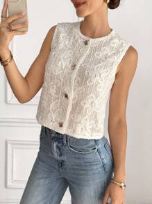 Serisse 女士花卉提花单排扣优雅背心夹克 - 米色 - 查看 4