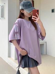 DAZY 女士丝带装饰蝴蝶结刺绣宽松短袖T恤超大T恤 - 紫色 - 查看 1