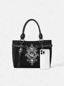 HARRY POTTER X SHEIN PU 皮革链条装饰黑色顶部提手包 - 黑色 - 查看 8