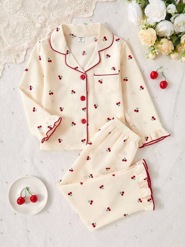 2pcs/Set Cute & Sweet Cherry Print Long Sleeve Cardigan & Pants, Casual & Comfortable Girls Toddler Loungewear Cherry Pajama Set Fall Winter