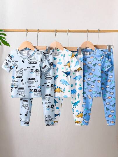 6pcs/Set Young Boy Dinosaur & Car Print Snug Fit Short Sleeve Top And Long Pants Pajama Set Boy Pajama Sets Back To School Fashion