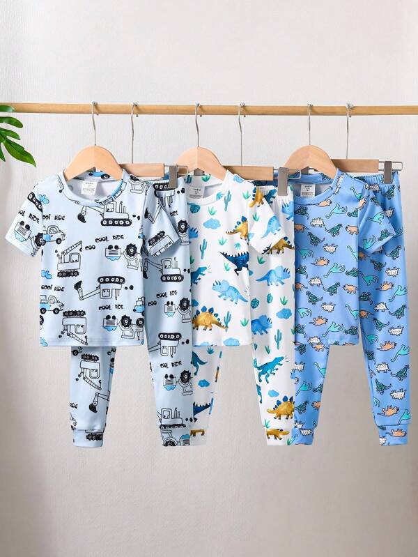 6pcs/Set Young Boy Dinosaur & Car Print Snug Fit Short Sleeve Top And Long Pants Pajama Set Boy Pajama Sets Back To School Fashion