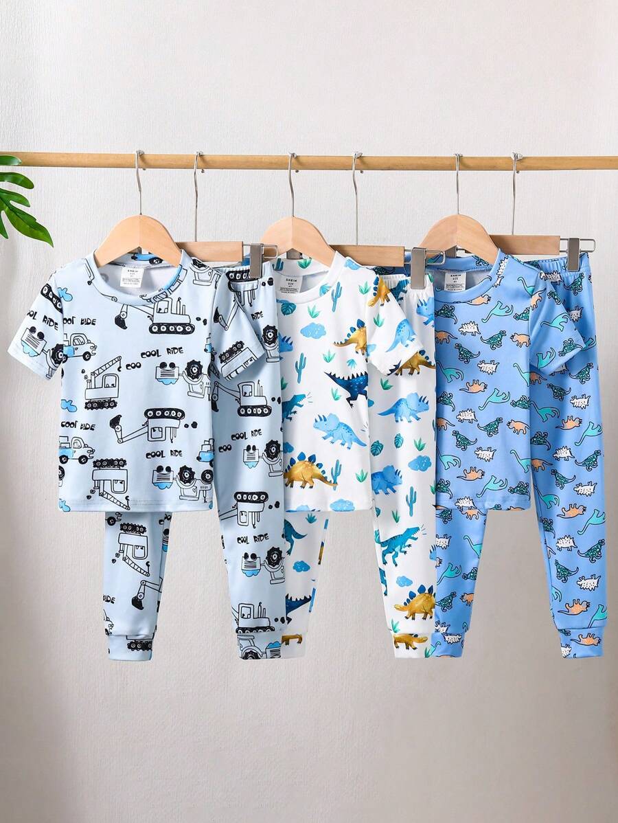 6pcs/Set Young Boy Dinosaur & Car Print Snug Fit Short Sleeve Top And Long Pants Pajama Set Boy Pajama Sets Back To School Fashion