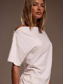 MUSERA Off-White Summer Casual Everyday Asymmetrical Shoulder Draped Ruched Side Top Beach Holiday Vacation Elegant Birthday Boho Rafia Fall - White - View 2