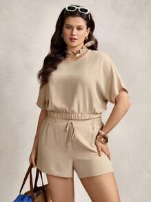 Zelara Conjunto casual de 2 piezas de talla grande consistente en una blusa de manga corta y cuello redondo de unicolor y shorts anudados para el verano