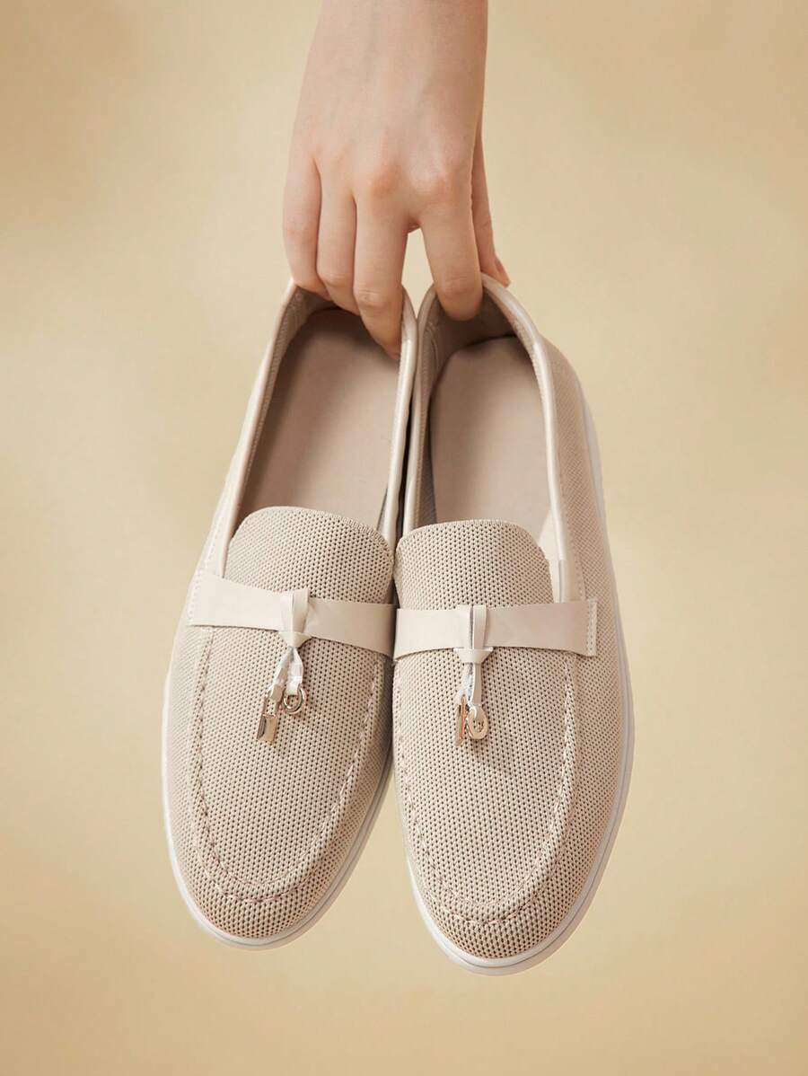 CUCCOO BASICS 女士休闲圆头度假舒适乐福鞋平底套脚鞋，针织杏色高鞋面 - 杏色 - 查看 1