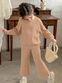 LMoss Kids LMoss 2件套女童纯色圆领修身毛衣和打底裤套装，女童针织套装，女童毛衣套装，针织套装，女童针织套装，返校季棕色针织套装，套头衫，秋季毛衣，冬季毛衣 - 杏色 - 查看 8