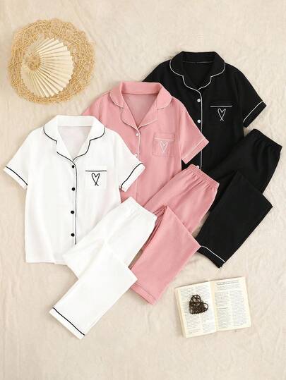 6pcs Girls' Minimalist Cute Heart Pocket Cardigan & Casual Pants Pajama Set