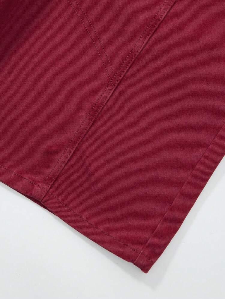 ROMWE MEN Street Life 男士休闲纯色斜口袋宽松牛仔短裤，夏季 - 酒紅色 - 查看 4