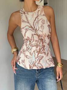 Siren Gaze 女式花卉亮片装饰侧开衩圆领时尚吊带背心 - 杏色 - 查看 5