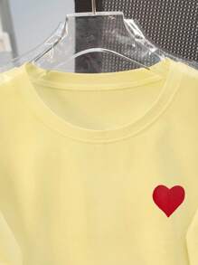 INAWLY Women's Loose Fit Heart Embroidered Graphic Short Sleeve T-Shirt, Popular Design - Mustard Yellow - View 3
