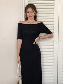 DAZY 女式露肩褶饰紧身中长连衣裙 - 黑色 - 查看 1