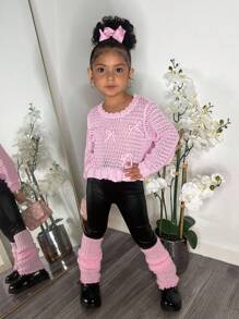 SHEIN Pink Crew Neck Ruffle Hem Short Sweater For Young Girls, Decorated With 3D Bow, Cute Princess Style, Suitable For Home, Outdoor, Party, Vacation,In Fall/Winter - Pink - View 3