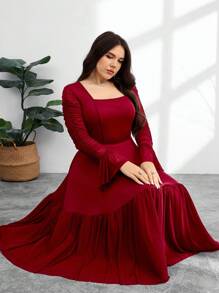 Modelyn Plus Size Elegant Party Ruched Flare Sleeve Dress - Burgundy - View 4