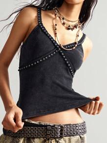 Bohemela 女士休闲纯色针织 V 领修身吊带背心铆钉背心 女士背心