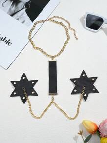 SHEIN Dây chuyền trang trí cơ thể bằng da gợi cảm thời trang nam mùa hè, dây chuyền kim loại trang trí núm vú, thêm vật dụng thú vị - màu đen - Xem 1
