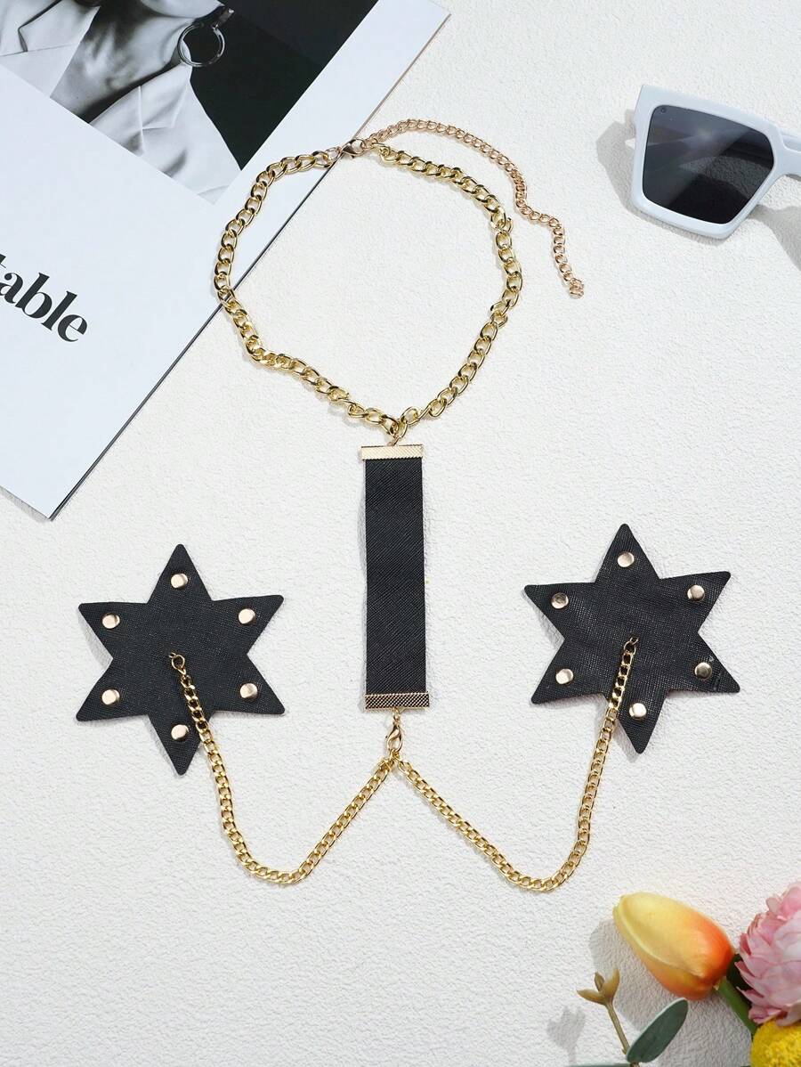 SHEIN Dây chuyền trang trí cơ thể bằng da gợi cảm thời trang nam mùa hè, dây chuyền kim loại trang trí núm vú, thêm vật dụng thú vị - màu đen - Xem 1