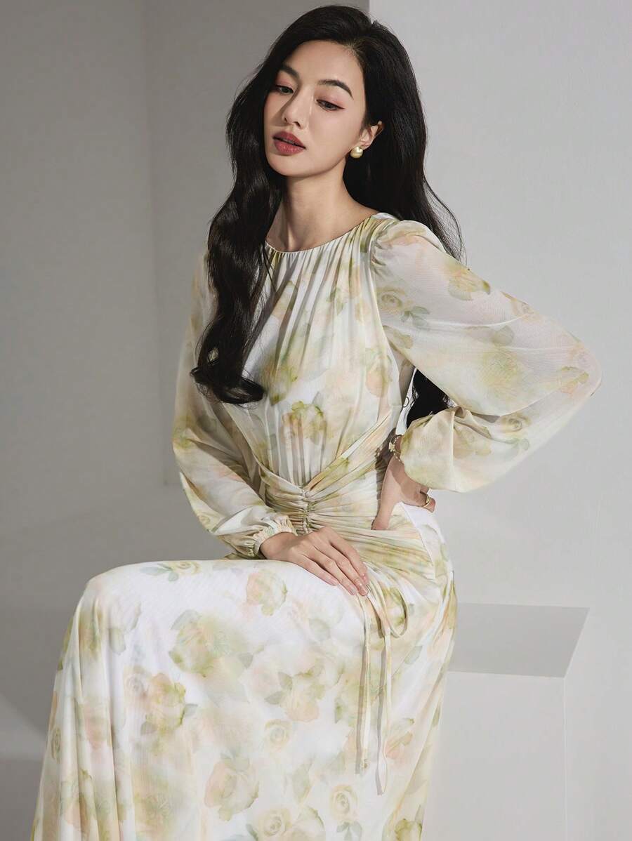 Modelyn 女士花卉印花褶饰圆领灯笼袖优雅中长连衣裙