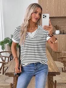 EMERY ROSE Conjunto Casual Feminino Multicolorido de Duas Peças, Camiseta Listrada de Manga Curta 2 em 1, Roupas Femininas de Outono, Roupas de Outono e Inverno para Mulheres, Volta às Aulas, Casual Empresarial, Básico, Saída, Camiseta de Professor - Multicolorido - Visão 9