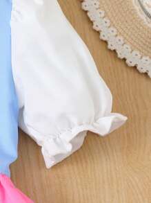 4-7 岁女童泡泡袖连衣裙，花卉印花拼接可爱休闲舒适荷叶边下摆泡泡袖连衣裙，返校学院风，适合所有季节 - 粉色 - 查看 5