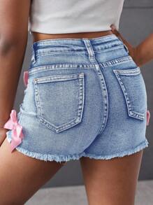 SHEIN Pantaloni scurți din denim cu model casual, stil stradă, în culori contrastante, cu funde, model uzat și margini brute, pentru fete preadolescente