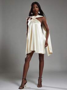 NYA SZN Dress Halter Neck Rose Detail Drape Detail Elegant Formal Wedding Guest Bridal Party Special Occasion Event Ibiza Cool Girl Holiday Satin Mini Length Thanksgiving Christmas NYE New Years Eve Outfits For Women