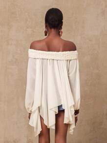 Lumalex VITNOS 秋夏假期 BOHO 女式纯色露肩灯笼袖荷叶边下摆宽松时尚衬衫露肩夏季上衣流苏上衣长袖露肩上衣