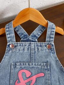 Girls Blue Washed Casual Loose A-Line Denim Dress, Adjustable Shoulder Strap, Sweet Heart & Colorful Floral Print, Versatile & Fashionable For Daily Wear