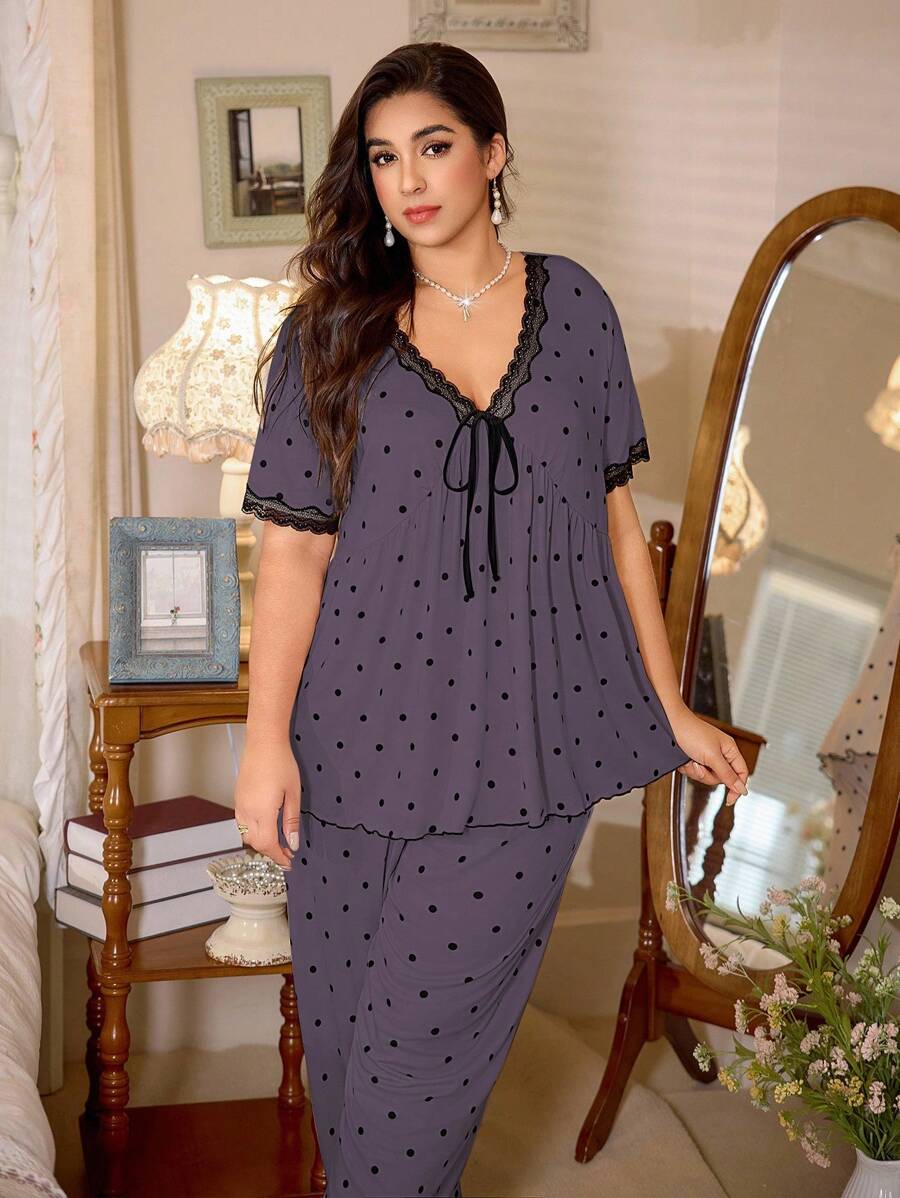 CottageSlumber 1 Set Plus Size Polka Dot Print Contrast Lace Bow V-Neck Short Sleeve Top And Pants Sleepwear  Cozy And Elegant Details - Purple - View 1