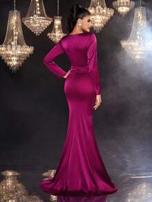 Glamrae Elegante tren fruncido con cintura de manga larga, cuello en V, calado, escote en pico, perla y calada, talla grande, color rosa oscuro, para mujer - Rosa Fucsia - Ver 5