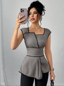 SHEIN Clasi 女士时尚不对称下摆短袖衬衫 - 灰色 - 查看 3