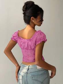 Aloruh Blusa de moda con hombros descubiertos y bordado para mujer, primavera/verano - Rosa Fucsia - Ver 2
