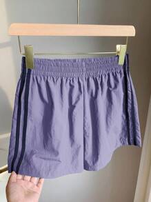 Comfortcana 女士紫色侧条纹松紧腰宽松休闲运动短裤 - 紫色 - 查看 5