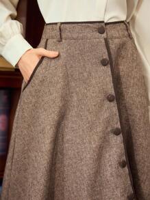 Vintamour 复古经典优雅女式半身裙，春夏修身撞色饰边纽扣开合口袋 A 字裙，咖啡色 - 咖啡棕 - 查看 1