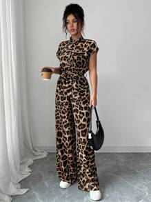 Women's Elegant Stand Collar Open Front Short Sleeve Waist Flared Leg Jumpsuit Clothes For University - Khaki - View 6