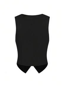 Ellevyn 优雅百搭单排扣花卉压花背心和百褶裙两件套，适合外出、下午茶、购物等场合秋季女装校服教师服办公室服装 - 黑色 - 查看 3